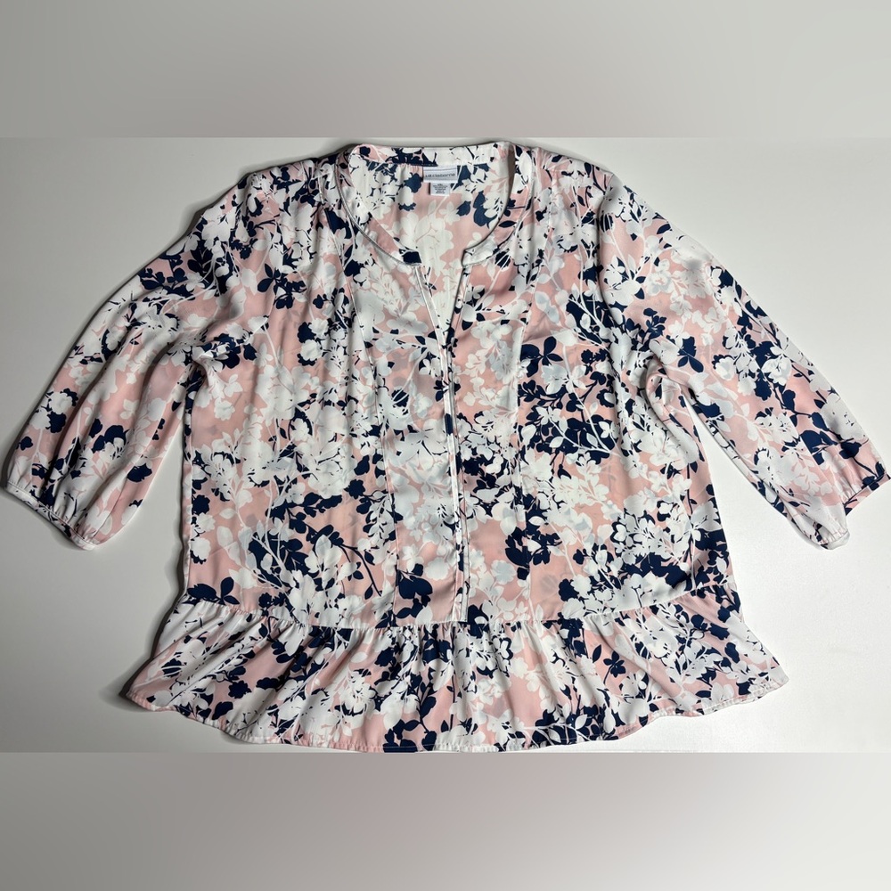 Liz Claiborne Floral Peplum Blouse XXL Pink Navy Romantic Cottagecore Top